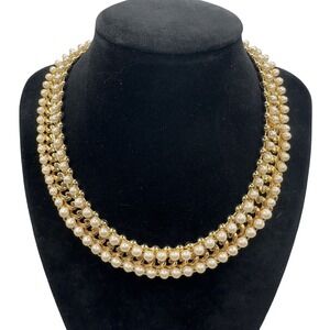 Richelieu Necklace Statement Choker Gold tone & Faux Pearl Collar 15" - 17"